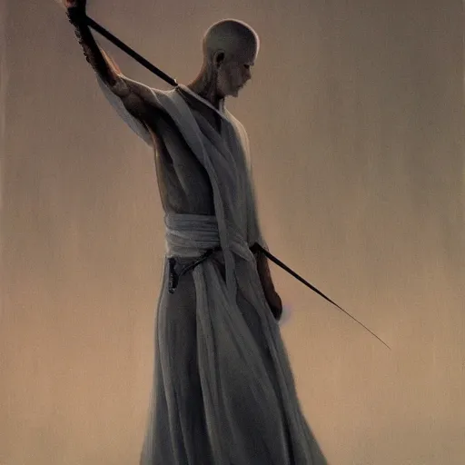 Image similar to fantasy painting of a pale man dressed in robes with a black blade, painted by Zdzlaw Bekinski and Bayard Wu, ultra detailed, 8k