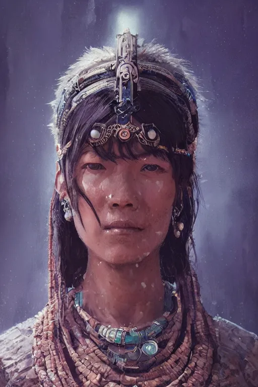 Prompt: a fancy portrait of a tribal women a sci-fi sword by Greg Rutkowski, Sung Choi, Mitchell Mohrhauser, Maciej Kuciara, Johnson Ting, Maxim Verehin, Peter Konig, final fantasy , mythical, 8k photorealistic, cinematic lighting, HD, high details, atmospheric,