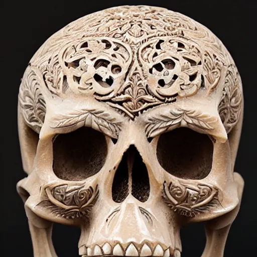 Image similar to intricately carved human skull, intricate ornament, baroque style, Oriental ornament