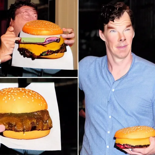 Prompt: obese benedict cumberbatch eating a cheeseburger