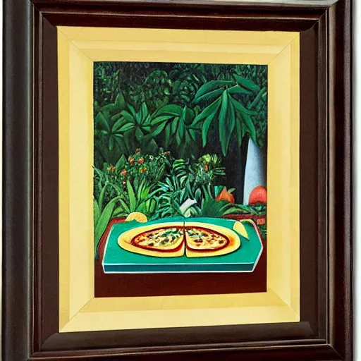 Image similar to A magaritha pizza on a marble table in a garden by Henri Rousseau