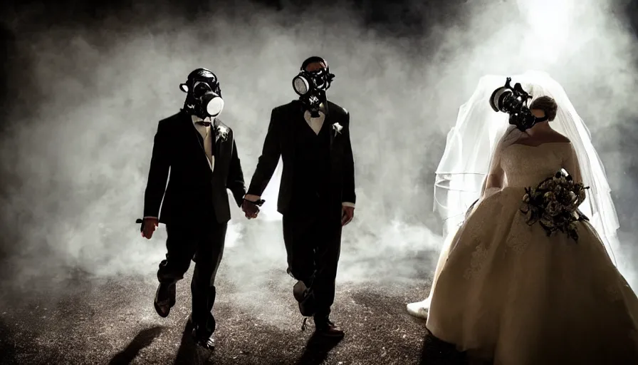 Image similar to disturbing big budget hollywood movie bride and groom wearing gas masks at the marriage of reason and squalor perfect composition dramatic lighting chiaroscuro