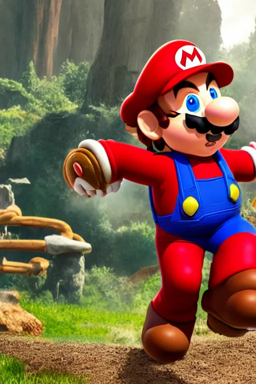 Image similar to a movie still of chris pratt as mario, highly detailed, studio lighting