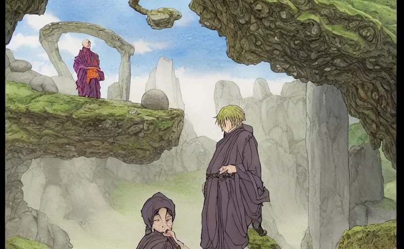 Prompt: a hyperrealist anime watercolor fantasy concept art of a giant monk with a big forehead and a small druid with a grey robe in stonehenge on a misty night. in the background several immense stones are floating in the air. by rebecca guay, michael kaluta, charles vess