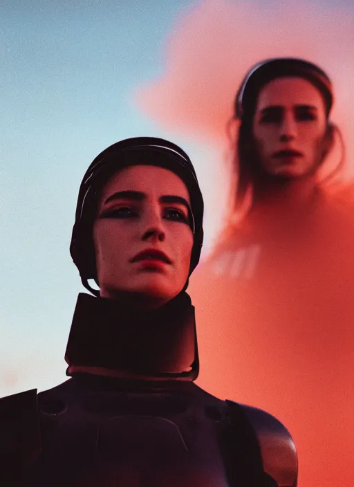 Image similar to cinestill 5 0 d photographic portrait of two sultry loving female androids wearing rugged black techwear on a desolate plain with a red sky, extreme closeup, cyberpunk style, garters, dust storm, 8 k, hd, high resolution, 3 5 mm, f / 3 2, ultra realistic faces, ex machina