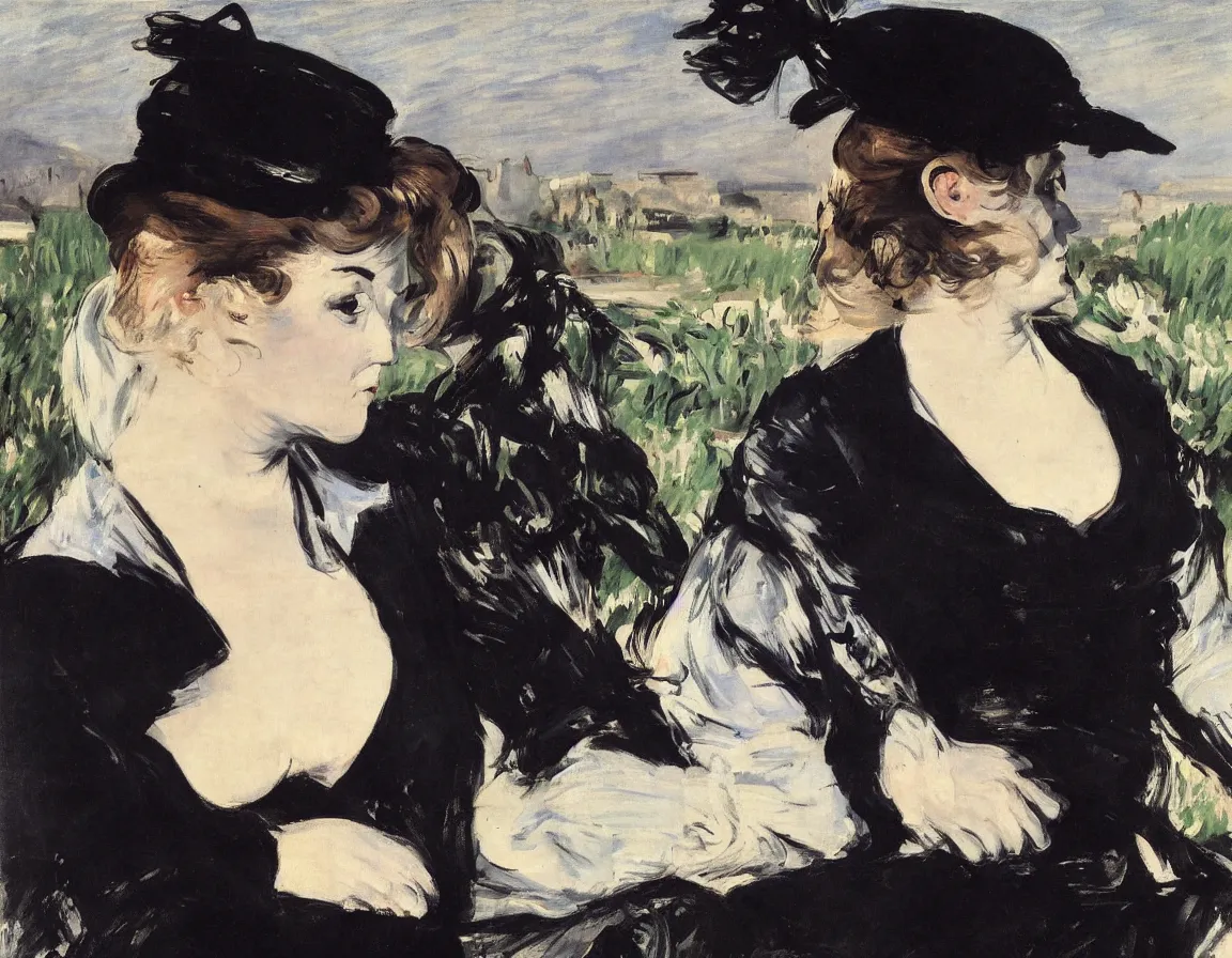 Image similar to edouard manet. a wide portrait of a marie from the side all dressed in black on a motorcycle on a highway looking over her shoulder towards us. blue sky. there is another motorcycle blurred in the background. precise thin brush strokes. expressive. emotional. modern.