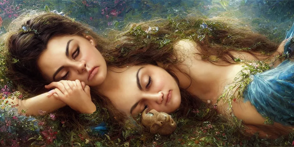 Image similar to Mila Kunis falling asleep, Lilia Alvarado, Sophie Anderson, Mark Arian, Bob Byerley, Charlie Bowater, Mark Brooks, Steve Henderson, Justin Gerard, Arthur Hughes, Edward Robert Hughes, Mark Keathley, Victor Nizovtsev, Carlos Shwabe, Ross Tran, WLOP