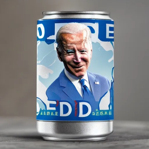 Image similar to biden on mini soda can, kitchen