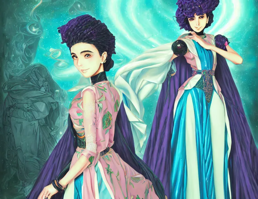 Prompt: middle eastern scifi princess of the rose springs, wearing a lovely dress with vaporwave details. this oil painting by the award - winning mangaka has an interesting color scheme and impeccable lighting.