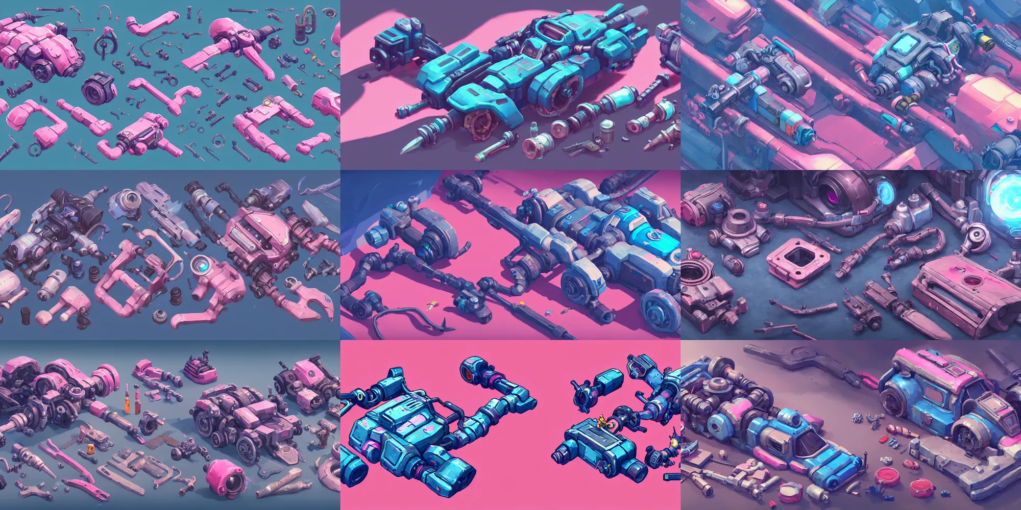 Prompt: game asset of mechanical parts and device, vehicles, engine, electronic, in gouache detailed paintings, props, stylized, 2 d sprites, kitbash, arcane, overwatch, blue and pink color scheme, 8 k, close up