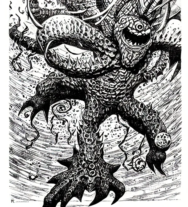 Image similar to a nintendo octorok as a d & d monster, pen - and - ink illustration, etching, by russ nicholson, david a trampier, larry elmore, 1 9 8 1, hq scan, intricate details, high contrast, no background