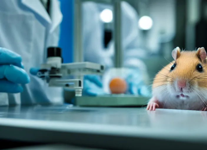 Image similar to film still of a hamster working in a research lab finding the cure for cancer, 8 k