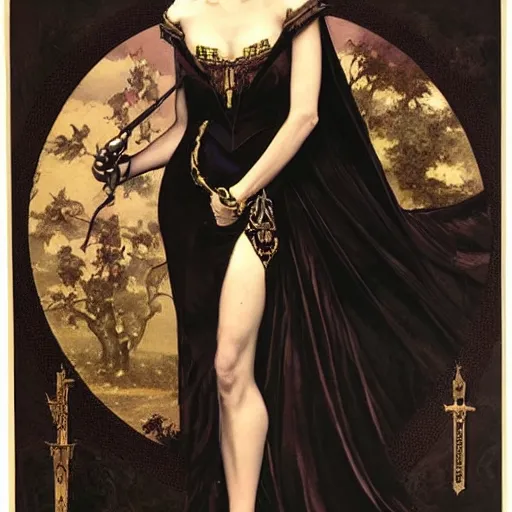 Image similar to an extremely detailed matte painting of a vampire queen in a resplendent black dress with gold and crimson trim and a long leg slit, in the style of magic the gathering, 8 k, sharp focus, detailed face, art by john collier and albert aublet and krenz cushart and artem demura and alphonse mucha