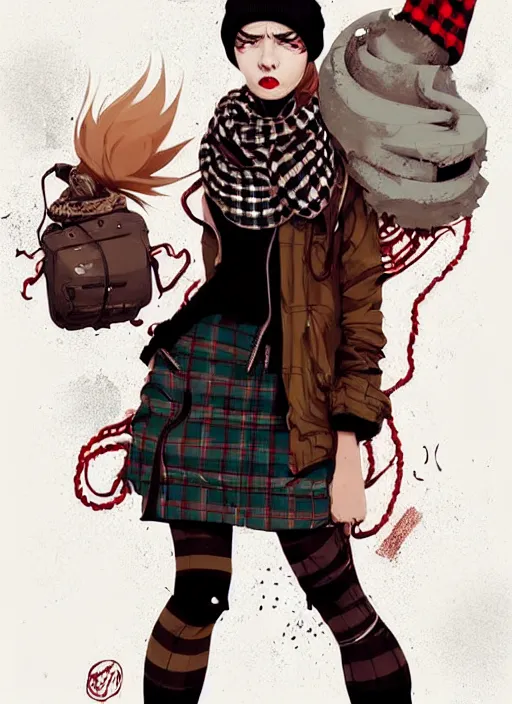 Image similar to highly detailed portrait of a sewer punk lady student, beanie, tartan scarf, wavy blonde hair by atey ghailan, by greg rutkowski, by greg tocchini, by james gilleard, by joe fenton, by kaethe butcher, gradient red, black, brown and cream color scheme, grunge aesthetic!!! white graffiti tag wall background