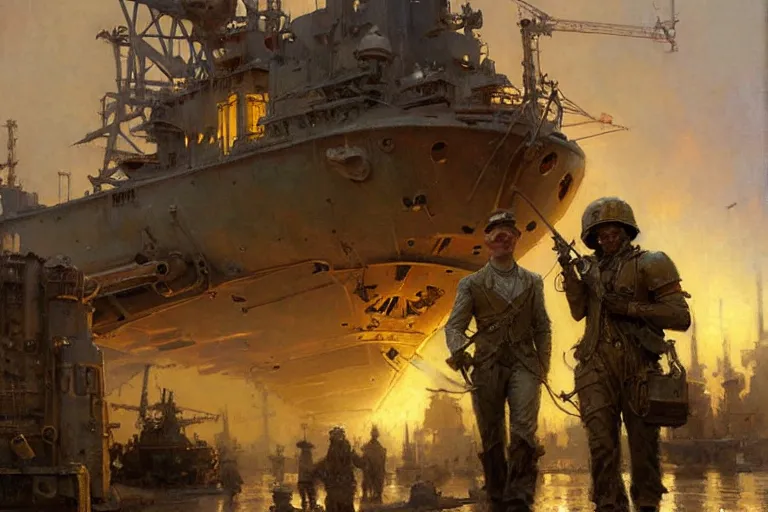 Image similar to us soldier in shipyard dieselpunk painting by gaston bussiere, craig mullins, j. c. leyendecker