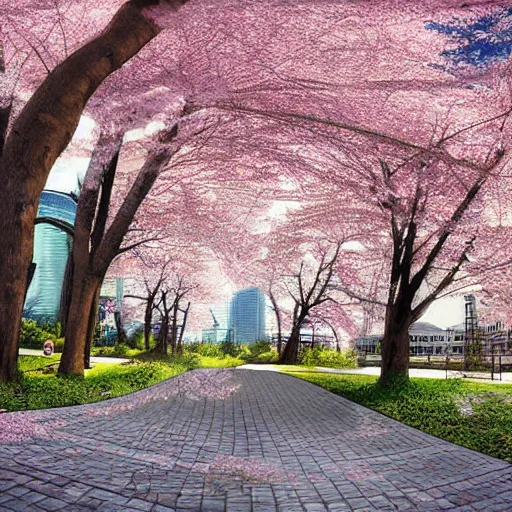 Image similar to cherry blossoms wrapping around a tall sky rise building in an abandoned city, digital art highly detailed, award winning