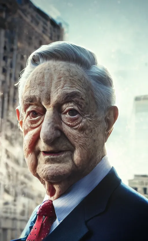 Prompt: Portrait of George Soros, splash art, movie still, cinematic lighting, dramatic, octane render, long lens, shallow depth of field, bokeh, anamorphic lens flare, 8k, hyper detailed, 35mm film grain