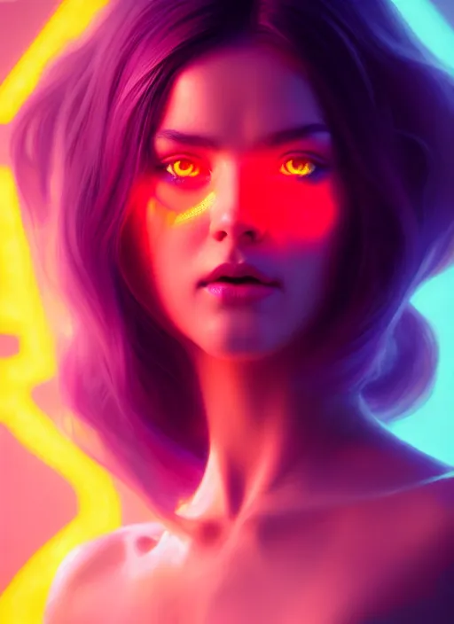 Image similar to beautiful neon woman, by greg rutkowski, symmetry, concept art by artgerm, distance render portrait of a hyper realistic, pixar, intense, epic, powerfull, alphonse mucha, octane render, highly detailed, high quality, 8 k, soft lighting, path traced, and uang guangjian and gil elvgren, symmetry!!