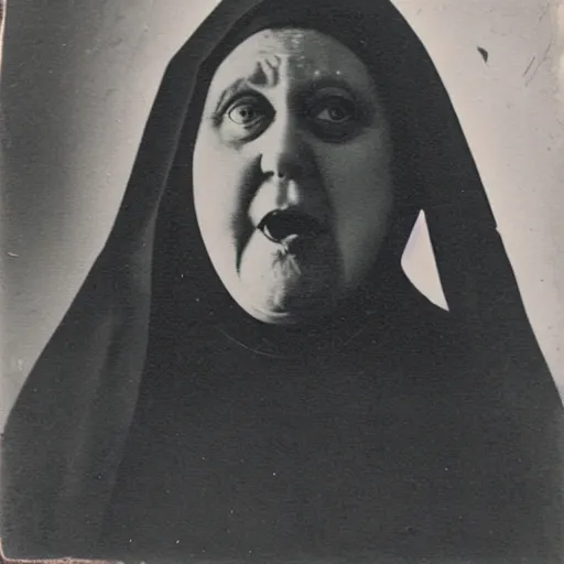 Image similar to antique photograph of an evil catholic nun, cracked and faded photo paper, morbidly obese, crazy eyes wide open, horror, staring at the camera, headshot, dark background, low light, dark