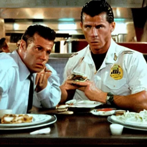 Prompt: movie still of the diner scene in the movie Heat, rendering of cristiano ronaldo as mccauley,