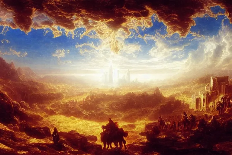 Prompt: a detailed matte landscape painting of king richard the lionhearted as a shonen anime protagonist attacking jerusalem, 8 k, volumetric lighting, in the style of disney, art by albert bierstadt and thomas moran