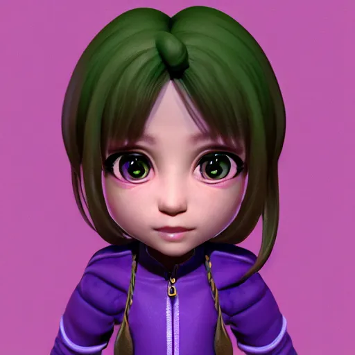 Image similar to portrait of a chibi very cute girl with purple jacket design by antonio mello, carlos ortega elizalde, character modeling, toy design, substance 3 d painter, blender, mental ray, zbrush, soft vinyl, bio luminescent, maximalist sculpted design portrait, studio photo, 7 0 mm lens, trending in artstation