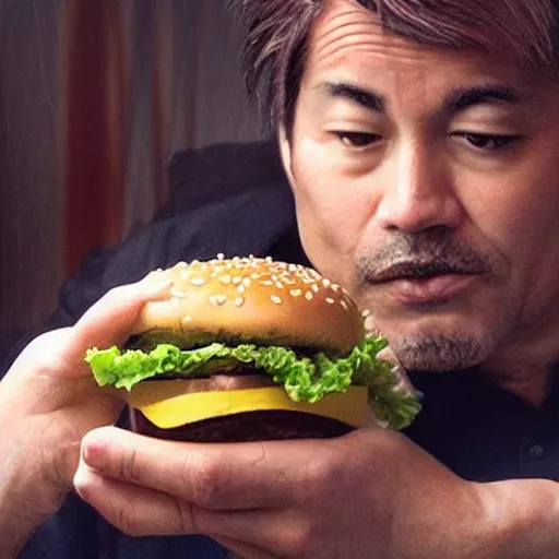 Prompt: Satoshi Nakamoto eating a cheeseburger, photo realistic, award-winning, highly-detailed, epic, cinematic, dramatic