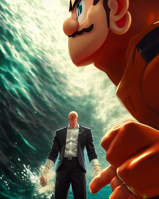 Prompt: gigachad luigi clenched fist punching like saitama wearing a suit in the ocean, fantasy character portrait, ultra realistic, anime key visual, concept art, intricate details, highly detailed by greg rutkowski, ilya kuvshinov, gaston bussiere, craig mullins, simon bisley