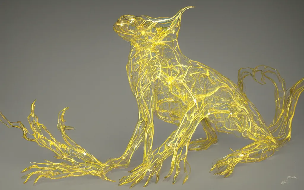Prompt: filigran white almost transparent creature, long limbs, with intricate golden paws and glowing eyes by naomi chen