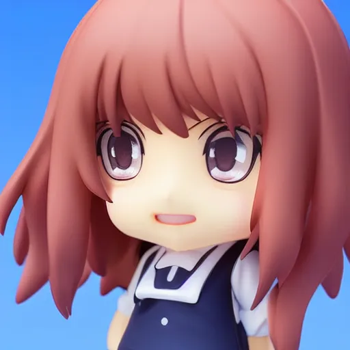 Image similar to character face portrait of a singular kawaii chibi in the sytle of kyoto animation, in simple background, nendoroid eyes, blender, toon rendering, toon shader, anime waifu