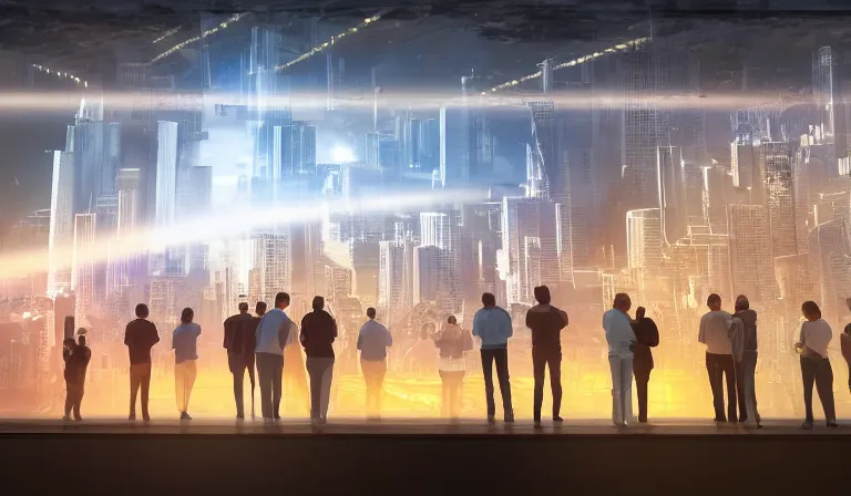 Image similar to large group people in simple warehouse, looking at hologram of futuristic city on a table, cinematic concept art, godrays, golden hour, natural sunlight, 4 k, clear details, tabletop model buildings, center model buildings, hologram center, crane shot, crane shot, crane shot, clear details, windows