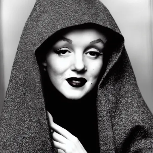 Image similar to marilyn monroe wearing a dark hooded cloak