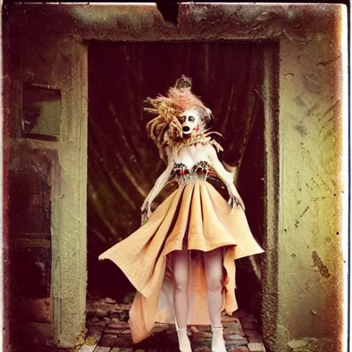 Image similar to damaged kodak portra 4 0 0, wetplate, photo of a surreal artsy dream scene,, very beautiful model, weird fashion, grotesque, extravagant dress, strange pose, carneval, with an animal, wtf, photographed by paolo roversi style