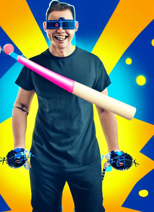 Image similar to guy with a baseball bat over the shoulder, bionic augments, evil smile, dressed in a t-shirt with an atomic explosion logo, colorful pants, sport shoes with led lightning,