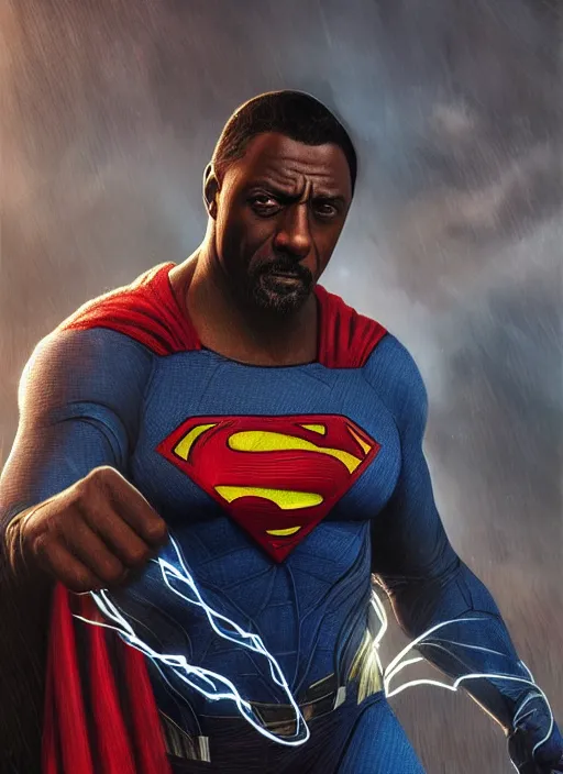 Image similar to Idris Elba as Superman (2019), zac snyder, fantasy, intricate, elegant, highly detailed, digital painting, artstation, concept art, smooth, sharp focus, illustration, art by artgerm and greg rutkowski and alphonse mucha