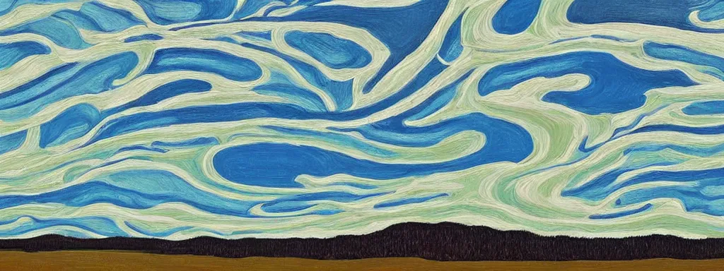 Image similar to Psychedelic sci-fi dreamworld. Landscape painting. Organic. Winding rushing water. Waves. Clouds. Landscape by Alex Katz.