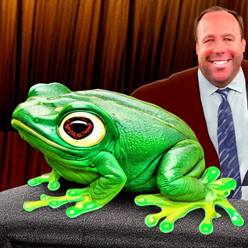Prompt: A giant oversized fat frog with Alex Jones face