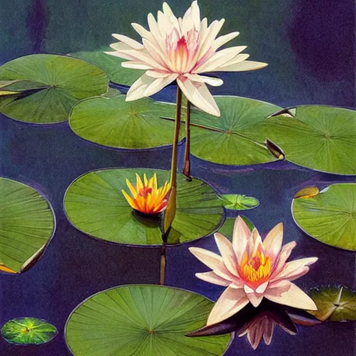 Image similar to Water Lillies in Paradise, Watercolor, photorealistic, high resolution, award winning, trending on artstation, intricate, elegant, highly detailed, digital painting, artstation, concept art, smooth, sharp focus, illustration, art by artgerm and greg rutkowski and alphonse mucha