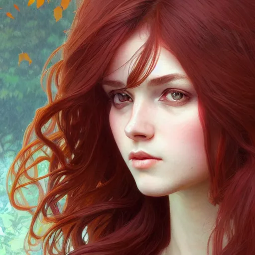 Image similar to girl with super long hair, hair becoming autumn red leaves, intricate, highly detailed, digital painting, artstation, concept art, smooth, sharp focus, illustration, unreal engine 5, 8 k, art by artgerm and greg rutkowski and alphonse mucha