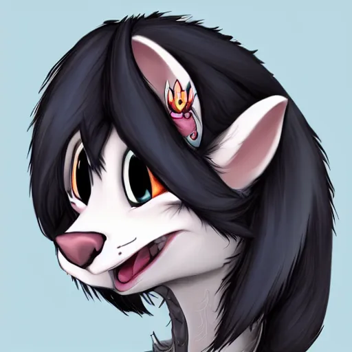 Image similar to headshot of young female furry, D&D, cute, fantasy, intricate, long hair, dark grey skin, mouse face, mouse nose, dark skin, mouse head, mouse ears, black hair, elegant, highly detailed, cartoony, artstation, concept art, smooth, sharp focus, illustration, art by Diives