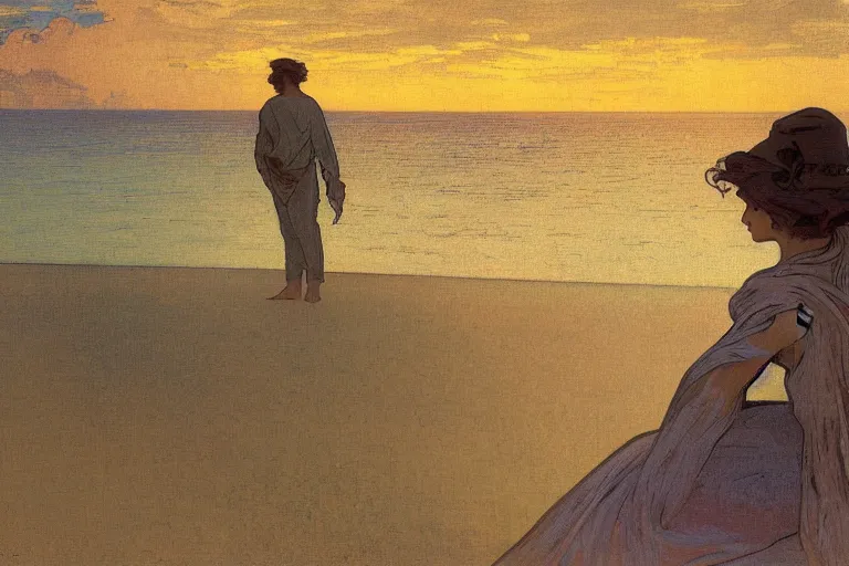 Prompt: a matte painting of a man watching the sunset by the beach, by alphonse mucha, muted colors
