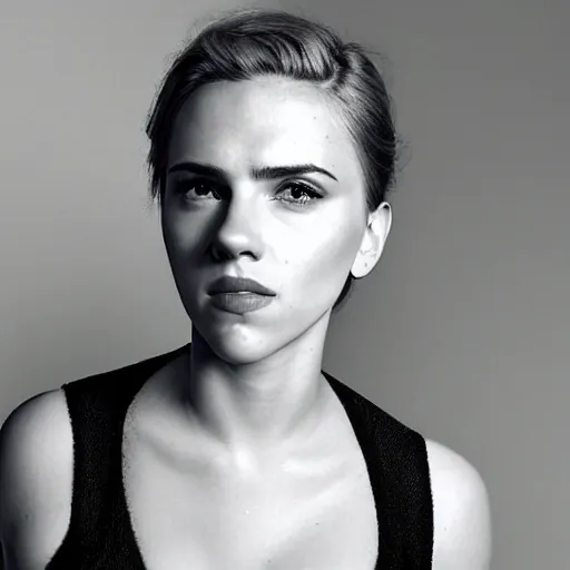 Image similar to a woman who is a genetic combination of scarlett johansson and emma watson face and upper - body focus