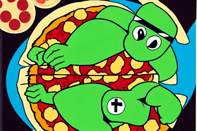 Prompt: 80s, teenage mutant ninja turtles, pizza, advertisement