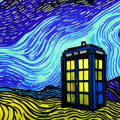 Prompt: tardis from doctor who exploding with a galaxy in the background, painting by vincent van gogh
