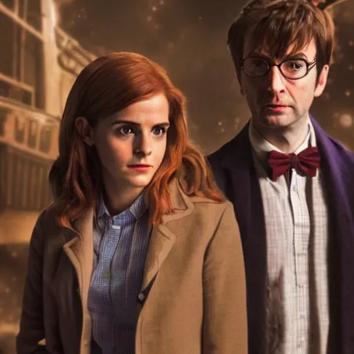 Image similar to david tennant as tenth doctor who and emma watson as hermione granger in tardis, a colorized photo by hinchel or, tumblr, fantastic realism, colorized, handsome, da vinci