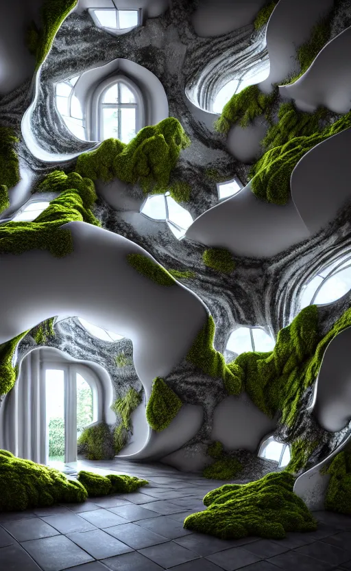 Image similar to highly detailed ultra sharp 3 d render villa interior cinematic composition of a smooth ceramic porcelain biomorphic magnolia stone nebula fluid fractal sci - fi surreal architecture landscape, granite, metallic, magnesium, marble, moss and lichen, vincent callebaut composition, mamou - mani, archviz, beautiful lighting, 8 k, unreal engine, hdr,