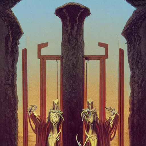 Image similar to painting of otherworldly creatures standing in front of a mysterious gate, by wayne barlowe