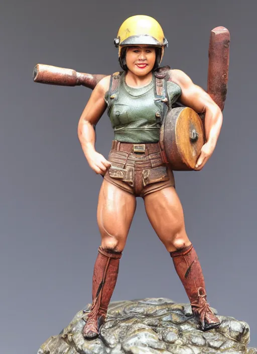 Prompt: 80mm resin detailed miniature of a very Muscular miner woman, sleeveless tops, helmet, abdominal muscles, navel, boots, Logo, textured base; Product Introduction Photos, 4K, view from front