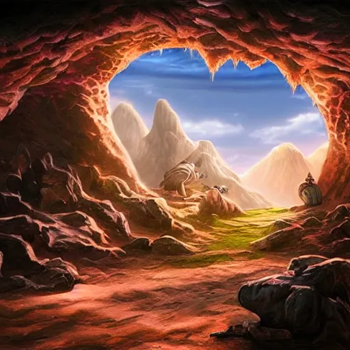 Image similar to beautiful matte painting of a fantasy cave entrance