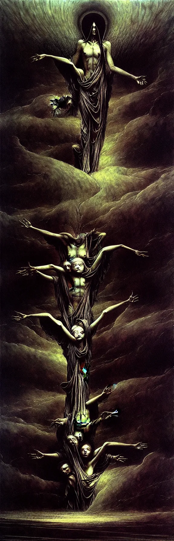 Prompt: ”the storm of god, releasing angels and bloodshed from above”, by h.r Giger, beksinski, and Caravaggio